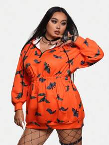 Warp Atelie Plus Size Artist Women's Y2K Halloween Bat Print Drop Shoulder Hoodie Sweatshirt, For Holiday, Festival, Workout, Western Wear