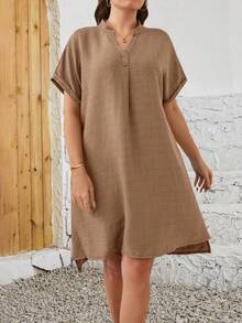 EMERY ROSE Cộng với kích thước váy tay cánh dơi cổ chữ V màu trơn đơn giản - màu nâu - Xem 4