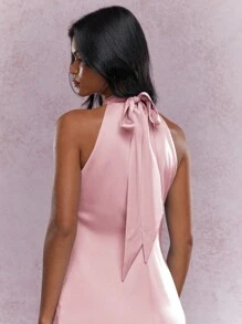 MISSGUIDED Metal Detail Satin Halter Neck Flowy Maxi Dress - Pink - View 4