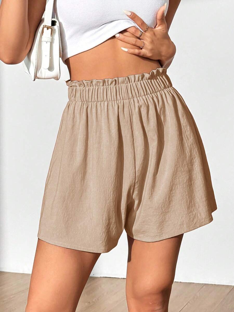 SHEIN MOOSTA Quần short viền eo diềm màu trơn thông thường dành cho nữ - Màu Khaki - Xem 1