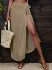 SHEIN Swim Summer Beach Knot Side Cover Up Skirt - Khaki - View 1