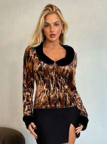 Aloruh Blusa de mujer para otoño e invierno, cálida, de terciopelo, con bloques de color, estampado de leopardo, patchwork y textura esponjosa - Multicolor - Ver 4