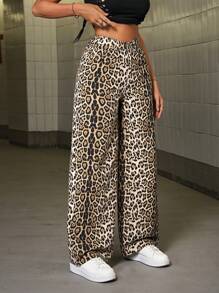 SHEIN PETITE 女士牛仔裤休闲宽松豹纹阔腿裤棉质、豹纹牛仔裤、宽松女士牛仔裤、可爱牛仔裤、豹纹裤、万圣节服装 - 彩色 - 查看 6