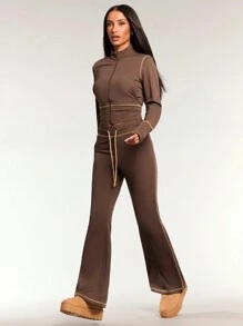 Forever 21 Women Drawstring Waist Casual Colorblock Flare Pants - Rusty Rose - View 4