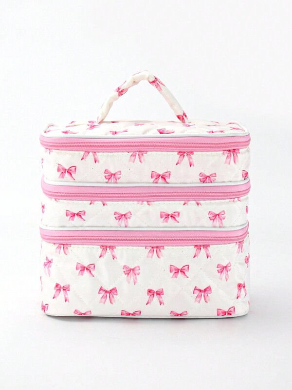 Marina Oliveira Artist Pink Kawaii Bow Pattern Fashionable Cute 3 Layers Cosmetic Bag For Storage, Square-Shaped Makeup Bags, Holiday, Valentine's Day