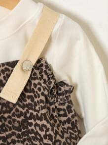 SHEIN Baby Girls Washed Soft Leopard Printed Slightly Stretch Denim Lace Overalls - Multicolor - View 5