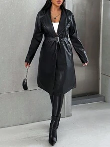 VaVaBold 女士翻领长袖优雅时尚套穿腰带纽扣长款风衣 - 黑色 - 查看 5