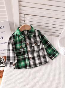 Baby Boy Casual Plaid Color Matching Shirt Top Suitable For Autumn Wear - Green - View 1