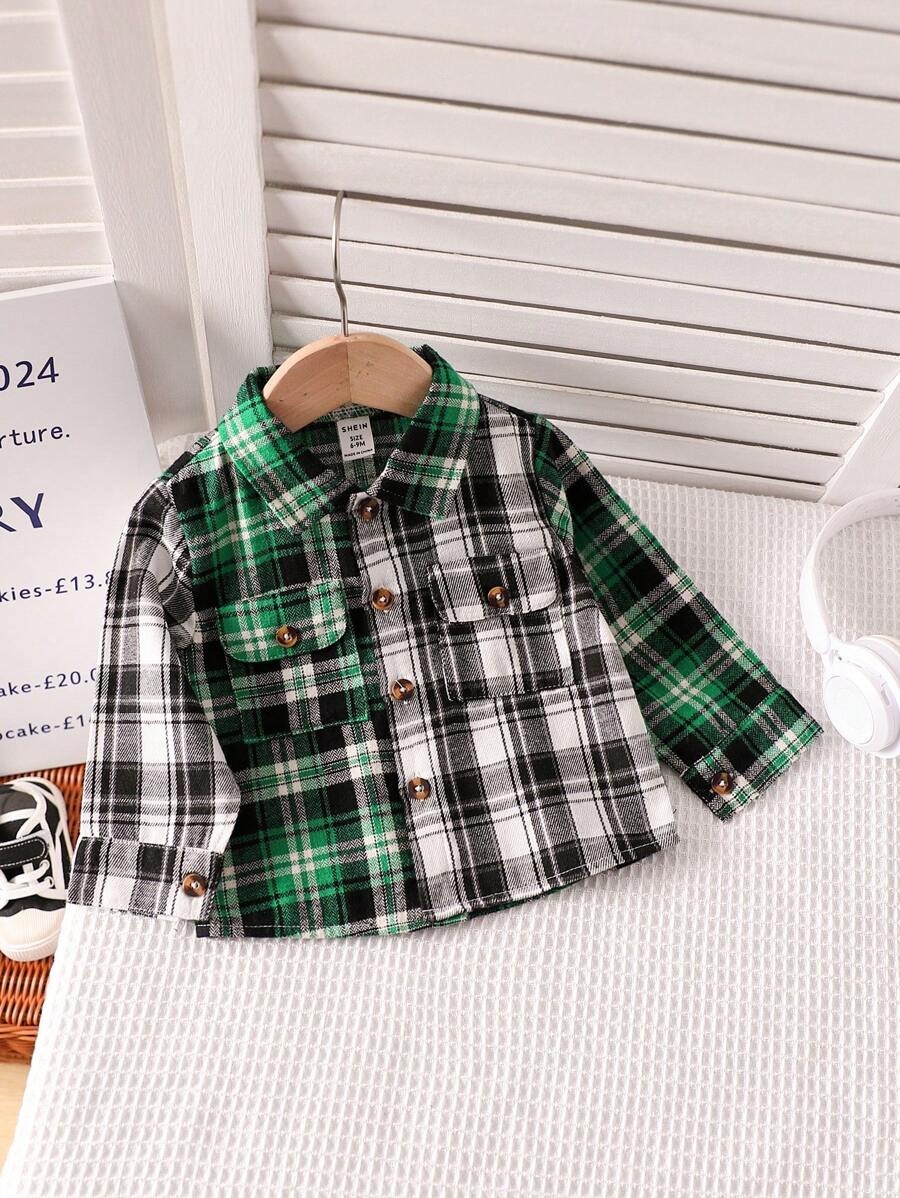 Baby Boy Casual Plaid Color Matching Shirt Top Suitable For Autumn Wear - Green - View 1
