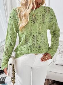SHEIN LUNE Suéter holgado de mujer de manga larga, verde, con perforaciones
