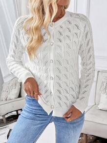 Chiquease Plain Front Button Long Sleeve Hollow Simple Casual Top - White - View 5