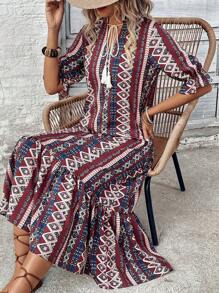 SHEIN LUNE Casual Vacation Geometric Print Dress With Ruffle Cuffs & Hem - Multicolor - View 5