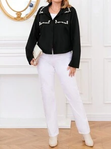 Plus Size Long Sleeve Beaded Fashion Casual Jacket - Black - View 6
