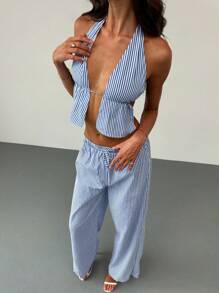 Aloruh 2 piezas Traje de mujer minimalista con camiseta de tirantes azul y blanca a rayas + pantalón maxi a rayas de cintura baja para viajero joven