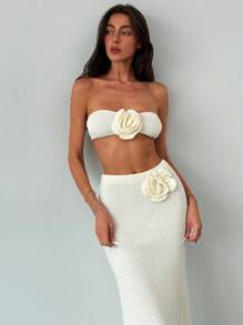 Aloruh 2 件套杏色浪漫约会露肩花卉紧身胸衣短款上衣 + 长款花卉裙，女士海滩度假装 - 杏色 - 查看 5