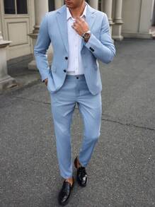Manfinity Bizformal Men's Slim Fit Business Suit, Single Breasted Button Jacket With Pockets And Lapel, Trousers Included - Baby Blue - View 5