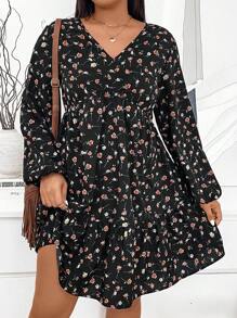 SHEIN LUNE Vestido de manga larga con cuello en V y volantes, con estampado floral desaliñado, para uso casual diario en otoño, en tallas grandes