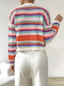SHEIN LUNE Áo len cardigan thả vai phối màu cho nữ - trái cam - Xem 2