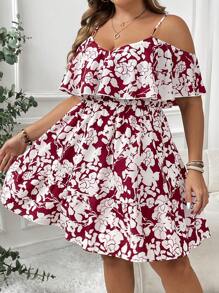 SHEIN VCAY Plus Size Ruffle Spaghetti Strap Floral Allover Print Ruffle Hem Vacation Casual Dress - Burgundy - View 6