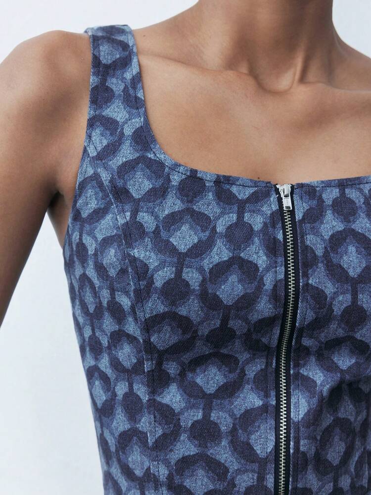 SHEIN Maija Ladies Summer Geometric Print Zippered Short Fashion Tank Top