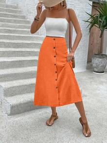 SHEIN LUNE 纯色前扣休闲假日橙色裙子，夏季 - 橘色 - 查看 5