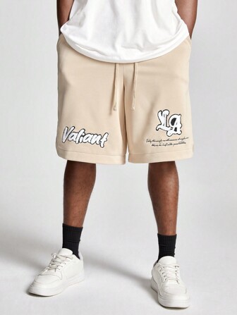 Manfinity RebelGame Men's Loose Straight English Text Print Knit Shorts, Suitable For Summer