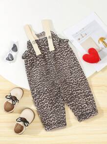SHEIN Baby Girls Washed Soft Leopard Printed Slightly Stretch Denim Lace Overalls - Multicolor - View 3
