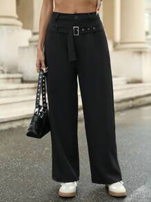 GENKIRA Loose-Fit Straight-Leg Pants For Women With Double Waist Band, Side Buckles And Draping, Perfect For Any Occasion Fall Cloth For Women - Black - View 1
