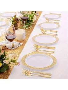 250/125/50/20/10/4 件金色塑料可重复使用餐具套装，包括：7.5/10.25 英寸白金边缘盘子、刀、叉和勺子，适合家庭聚会、生日派对、婚礼和节日庆祝 - 彩色 - 查看 9