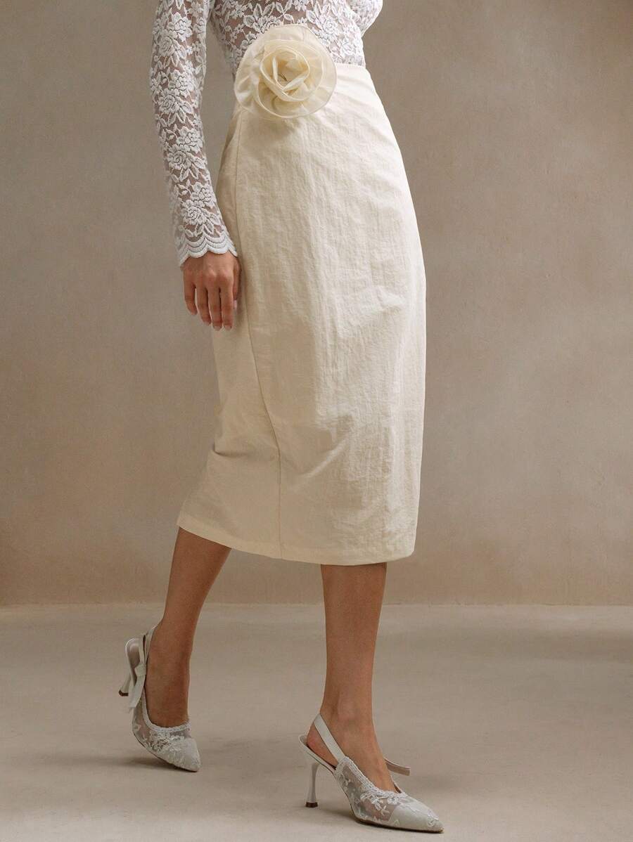 Anewsta 女士合身优雅大手工花朵装饰半身裙 - 白色 - 查看 1