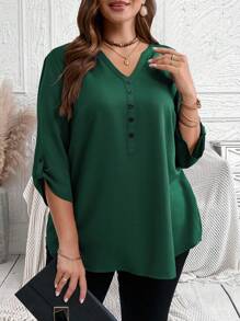 EMERY ROSE Camisa de Plus Size Casual Verde com Gola Virada e Manga Enrolada, Roupas de Primavera, Outono e Inverno - Verde - Visão 6