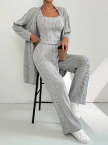 SHEIN Privé 3pcs Women Autumn Casual Ribbed Button Loose Cardigan, Square Neck Vest And High Waist Flare Leg Pants Set - Grey - View 7