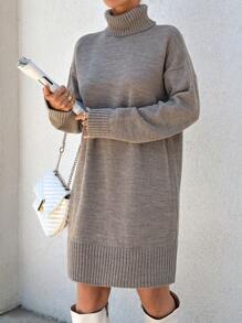 EURMUSE Knitwear Dress With Folded Neck - Mocha Brown - View 4