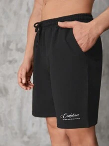 RueChic Men Slogan Graphic Drawstring Waist Shorts - màu đen - Xem 5