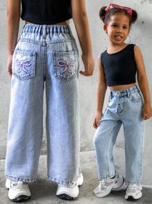 Cô Gái Trẻ Quần Jean Thời Trang Thông Thường Mới, Cắt Thẳng, Giặt Nước, Túi Sau Thêu - Rửa nhẹ - Xem 1