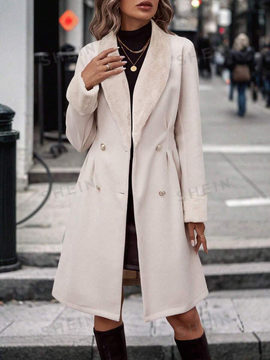 SHEIN Clasi Abrigo midi de mujer de doble botonadura con cintura ceñida