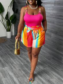 Slaydiva 大码休闲无袖链条吊带背心和印花腰带短裤 2 件套，紫红色-E - 玫紅色 - 查看 4