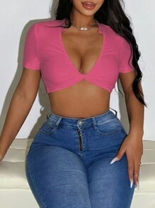 VaVaBold Women Solid Color Cropped Sexy Short Sleeve T-Shirts - Hot Pink - View 1