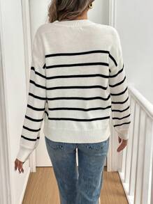 SHEIN LUNE Áo len nữ mùa thu đông tay dài vai rớt, kiểu dáng thường ngày, kẻ sọc, cài nửa khuy, chất liệu dệt kim. - trắng - Xem 2