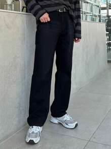 DAZY Men's Solid Color Pocket Simple Casual Denim Jeans, Autumn - Black - View 1