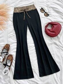 Soleia Phụ Nữ Giải Trí Đan Đen Lông Cừu Loe Quần Eo Thấp, Du Lịch Thời Trang Eo Miếng Dán Cường Lực Da Báo Quần Tây - màu đen - Xem 1