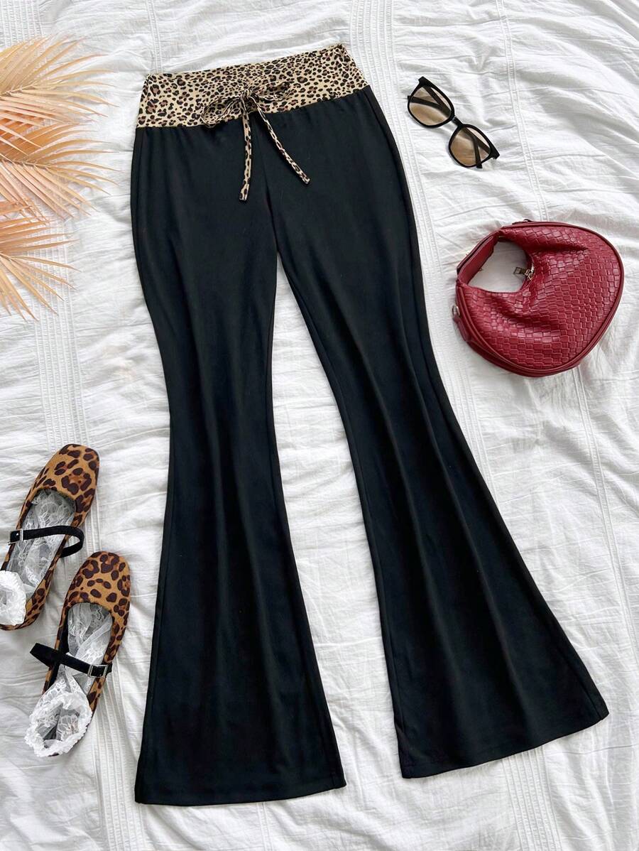 Soleia Phụ Nữ Giải Trí Đan Đen Lông Cừu Loe Quần Eo Thấp, Du Lịch Thời Trang Eo Miếng Dán Cường Lực Da Báo Quần Tây - màu đen - Xem 1