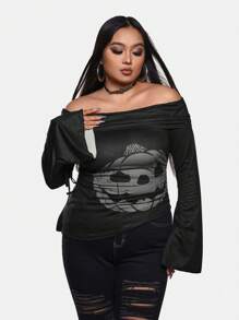 Mystic heart Artist Plus Size Y2K Halloween Pumpkin Print Long Sleeve T-Shirt, Women Top, For Holiday, Going Out, Festival, Graphic Tee - Black - View 1