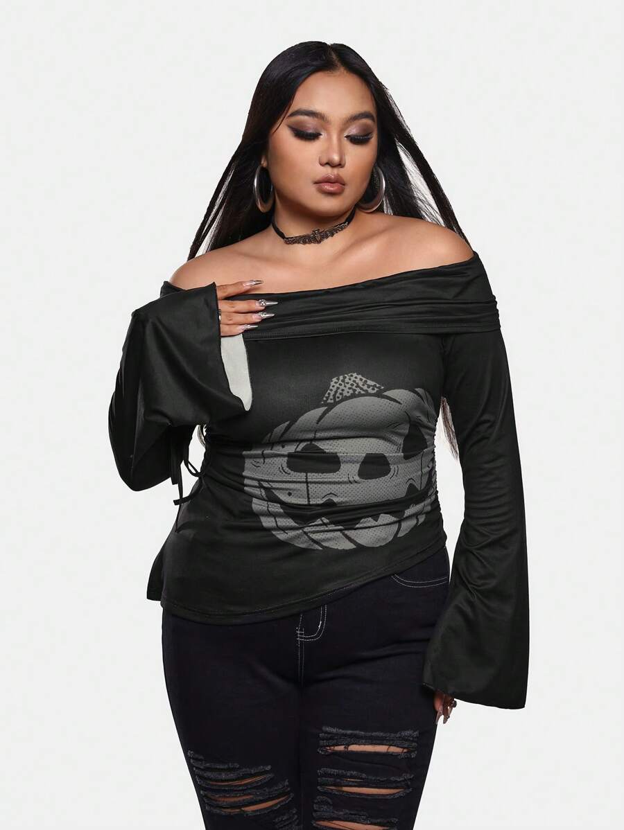 Mystic heart Artist Plus Size Y2K Halloween Pumpkin Print Long Sleeve T-Shirt, Women Top, For Holiday, Going Out, Festival, Graphic Tee - Black - View 1
