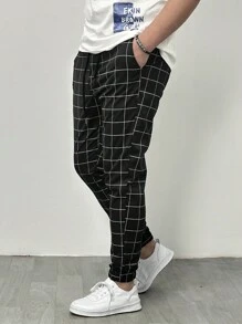 Manfinity Homme Men Loose Grid Print Drawstring Waist Pants, For Fall - Black - View 7