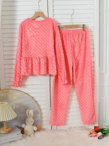 2pcs Tween Girls Pink Simple Jacquard  Lounge Pants And Long Sleeve Top Set - Pink - View 2