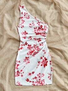 Soleia Vestido midi assimétrico de impressão floral azul e branco para férias femininas - Vermelho - Visão 2