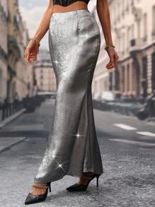 Zolique Spring/Autumn Party Women Stylish Metallic Silver High-End Design Fit & Flare Elegant Long Skirt - Silver - View 4