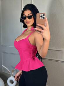 SHEIN SXY 女士纯色蕾丝边吊带背心，夏季 - 玫紅色 - 查看 6