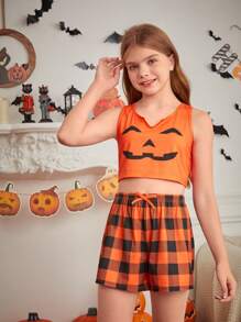 SHEIN Tween Girl Halloween Cartoon Pattern V-Neck Fitted Camisole With Plaid Shorts Pajama Set, Mommy And Me Matching Outfits (3 Sets Sold Separately) - Multicolor - View 5